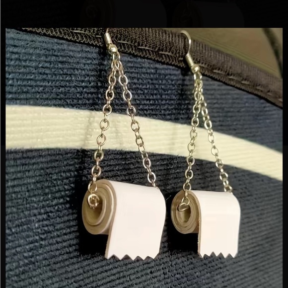 Silver and White Toilet Paper Roll Chain Dangle Earrings - Picture 3 of 7